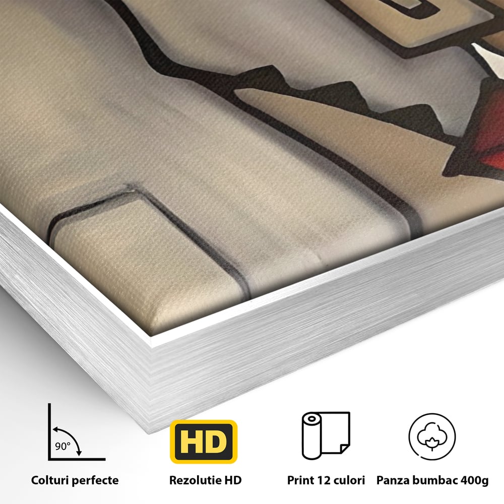 Detaliu al suprafetei: tablou canvas cu portret cubist, in rama de aluminiu argintiu